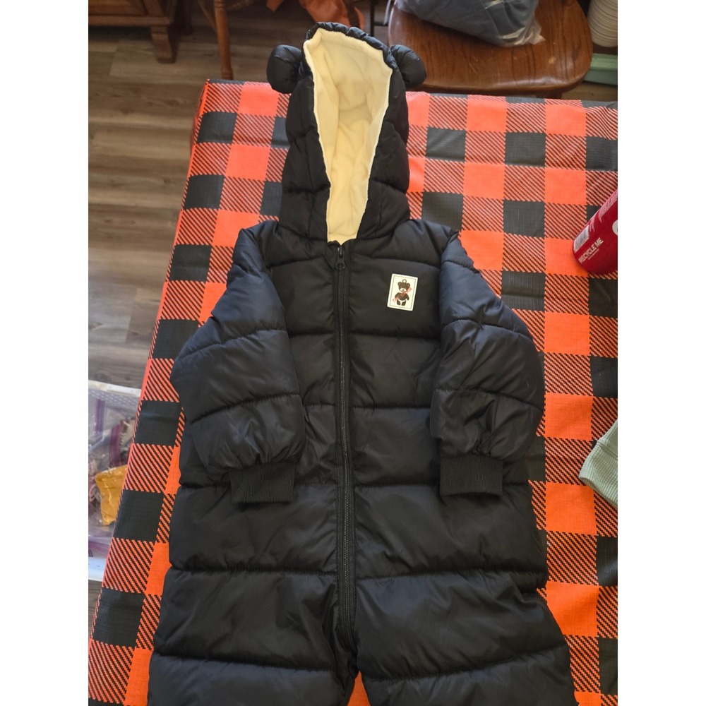 The Bear Black Puffer Snowsuit Hooded Fleece Lined Bear Ears Size 90/52